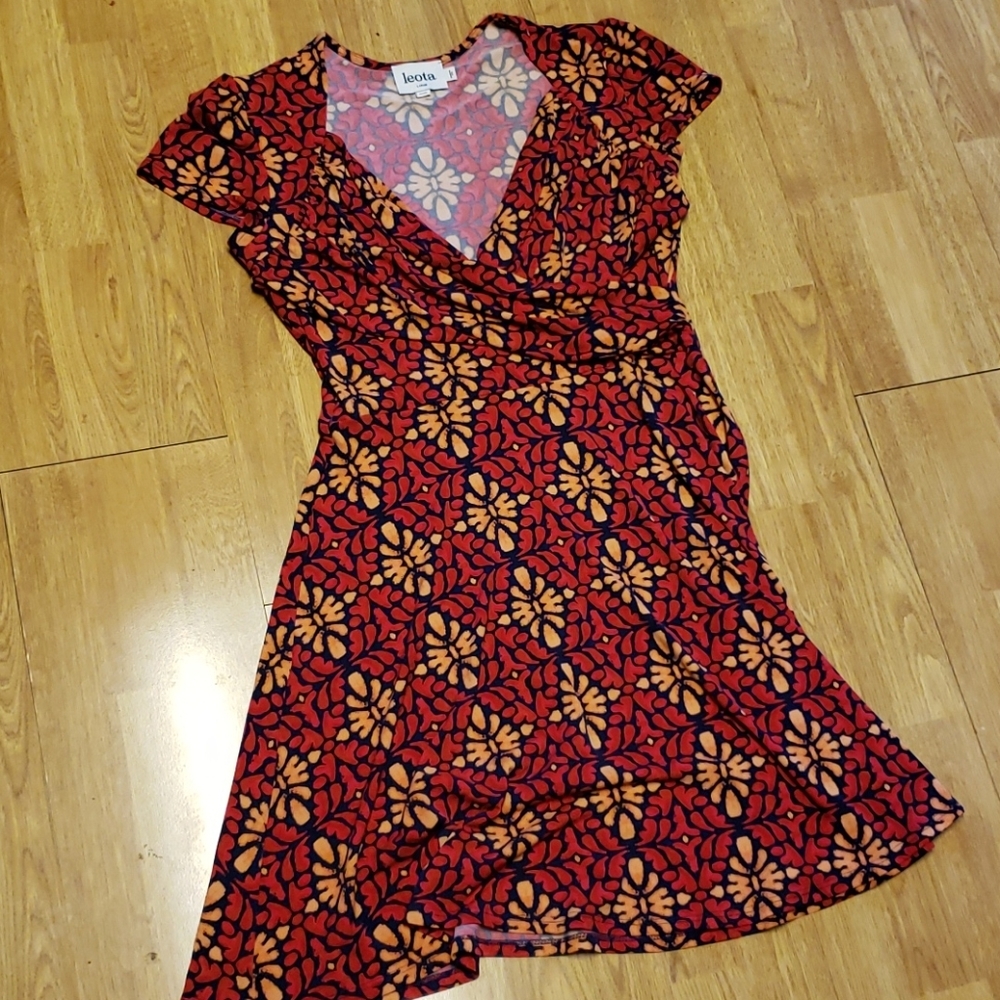 Leota Red/Orange Surplice Faux Wrap Dress Sz Lp